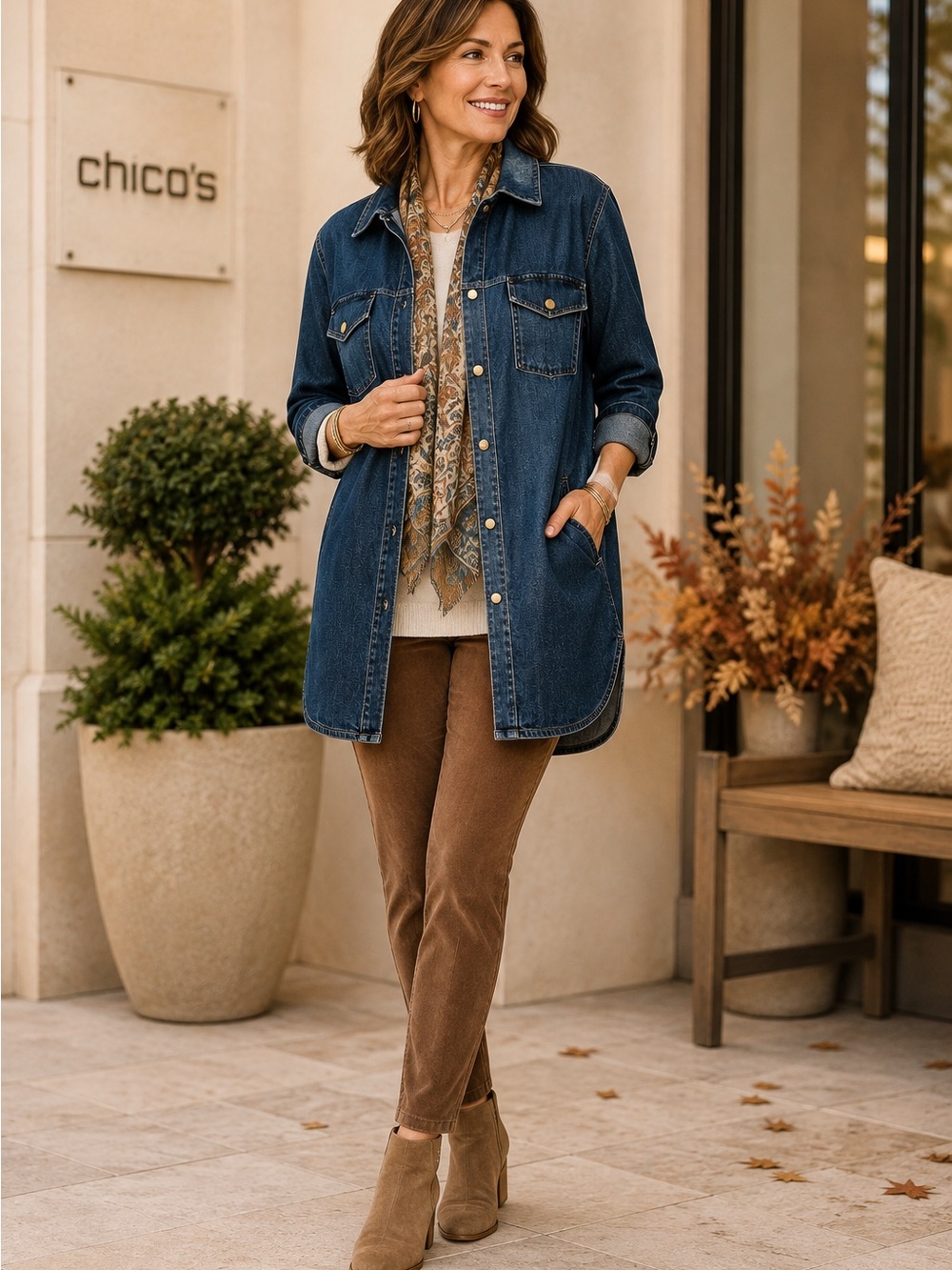 Chico’s Denim Shacket Size 3 XL Stretch Longline Snap Front Side Vent Pockets
